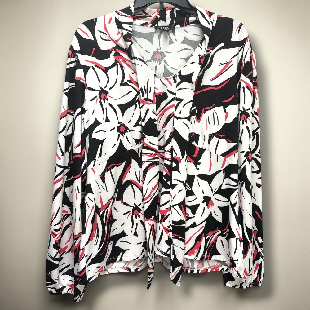 AUW Women XL Floral Tie Neck Blouse Black White Red Long Sleeve